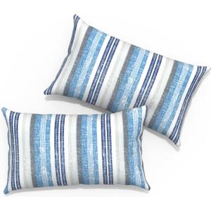 Outdoor Lumbar Pillows 12x20 inch, Rectangle Throw Pillows with Inserts, Decorative Lumbar Cushions for Patio Furniture Garden Couch Home Sofa Office Chair, Pack of 2, Stripe Layered Blue