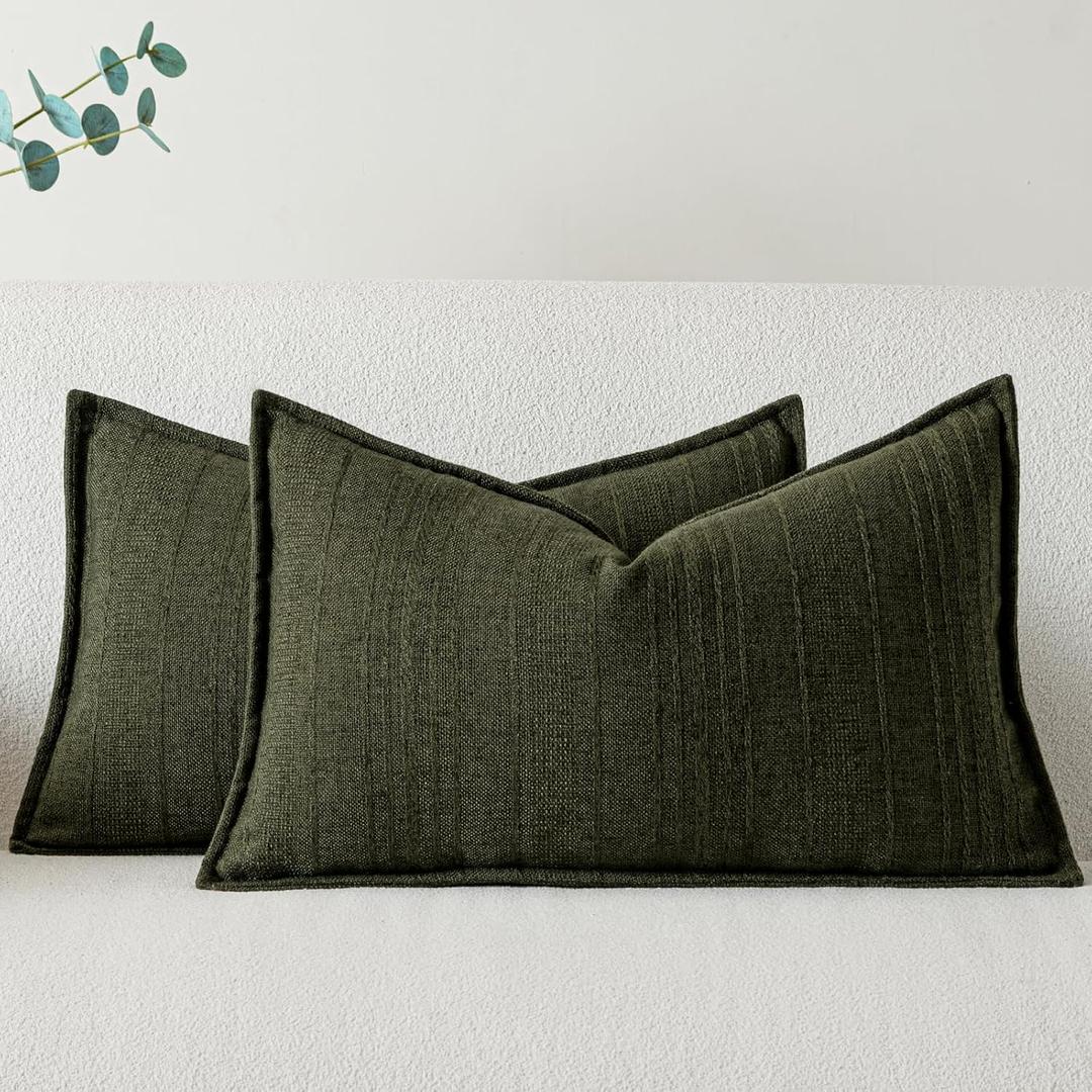 a moment Linen Pillow Covers Set of 2,Boho Farmhouse Throw Pillowcases Neutral Textured Decorative Covers for Couch Sofa,Linen Blend Accent Case Cushion Living Room Home Decor 20"x12"Dark Green