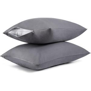 Cotton Pillow Protectors/Cases Queen Size with Zipper 2 Pack Grey Color,Cooling & Breathable Bed Pillow Protectors Set of 2 Pillow Cases Cover (Queen Size 20" x 30")