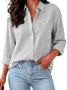 JMITHA Wrinkle Free Black and White Striped Shirt Women Button Up Blouse Long Sleeve Office Work Basic Tops with Pocket (Large, Black Stripe)