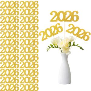 2 x 2026 Graduation Centerpiece Sticks 24 Pack Double Sided Glitter Numbers 7.1 x 2.8 Inch with 48 White Adhesive Squares and 24 Bamboo Sticks 7.9 Inch for Gold Grad Party Decorations