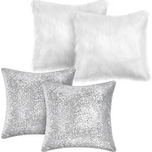 Irenare 4 Pcs Sequin and Fluffy Pillow Covers Winter Throw Pillow Cases Soft Cushion Cover for Couch Bed Sofa Xmas Day(18 x 18 Inch,White, Silver)
