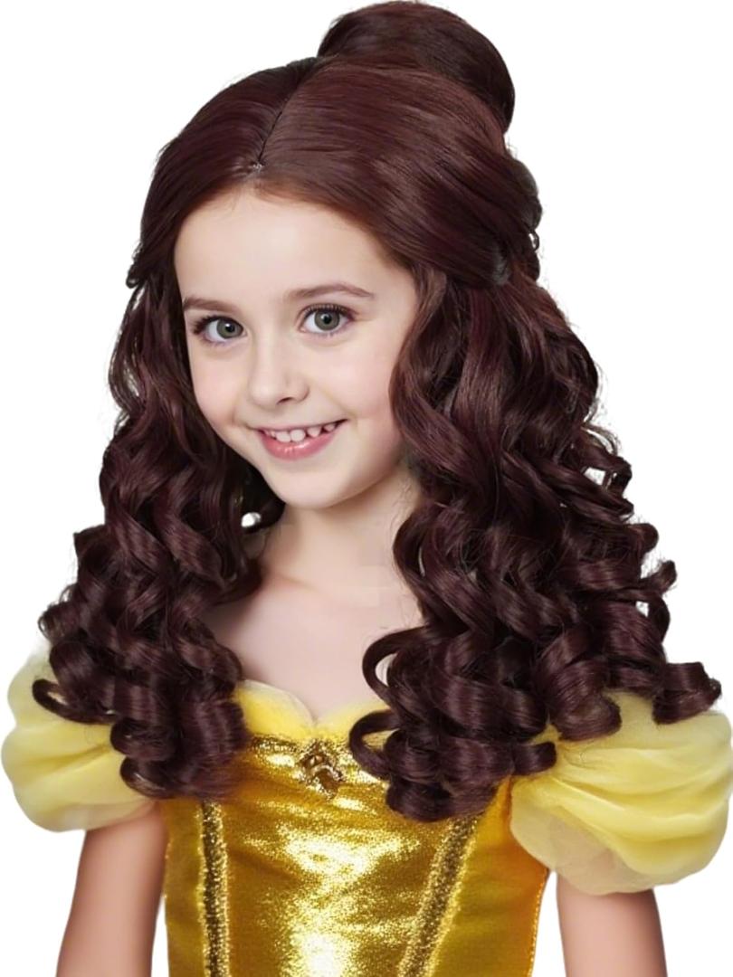 Half and Half Princess Brown Wig Dark Brown Curly Wig with Bun for Halloween Dress Up Party Costumes