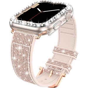 Goton Bling Silicone Band Case Compatible for Apple Watch 41mm with Edge Protector Cover[No Glass], Strap Color Changes with Angle for iWatch Series 9/8/7 41 mm (Pink/Gold)