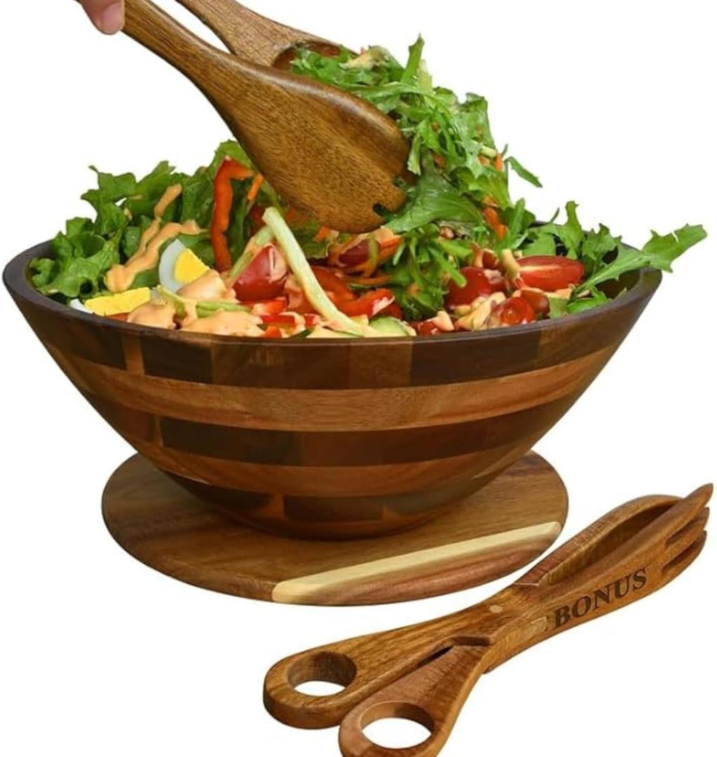 Premium Acacia Wood Salad Bowl Set  12.5 Large Wooden Serving Bowl with Servers & Base Plate, 5-Piece Set