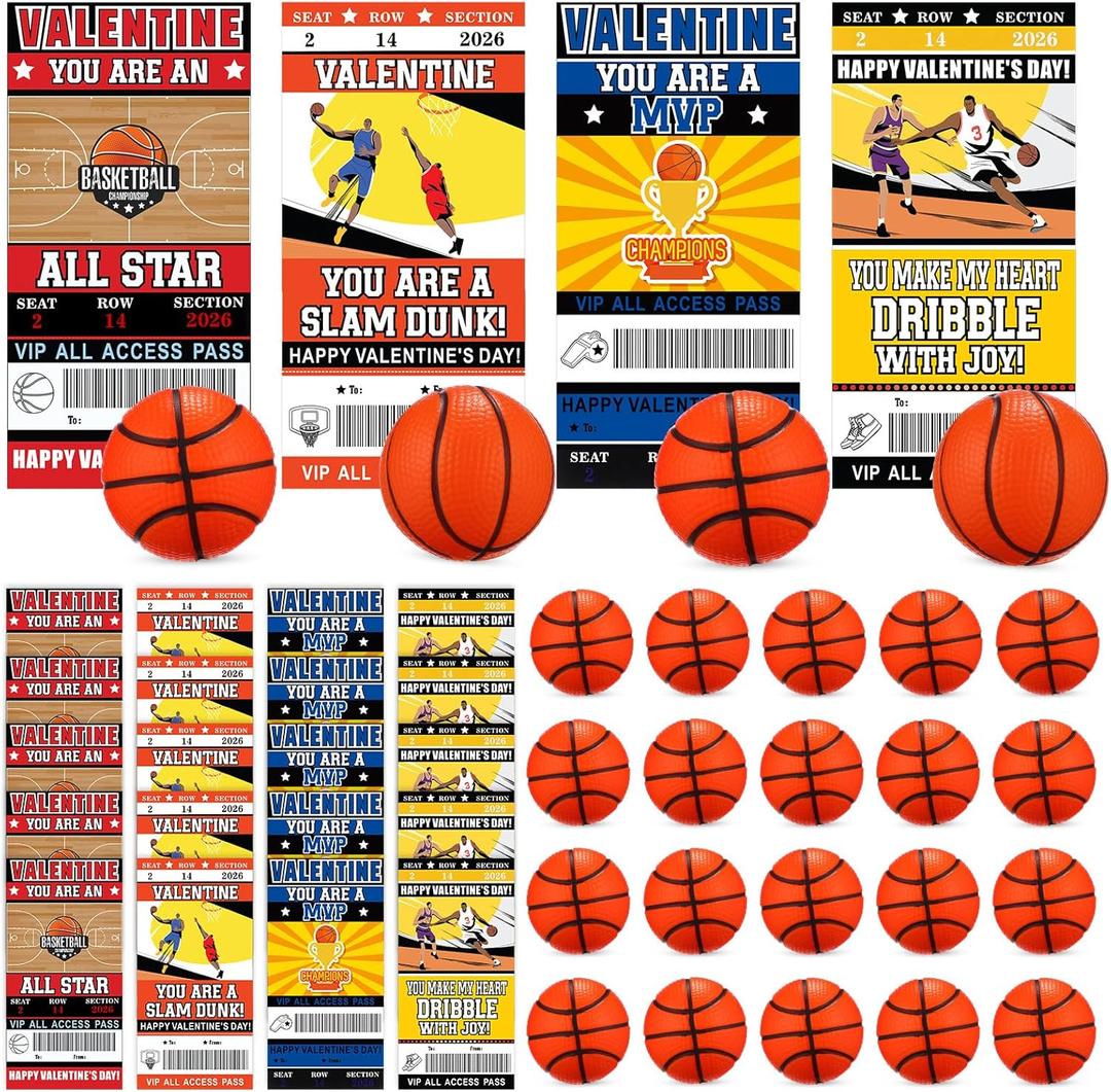 Realspring 24 Set Basketball Valentines Day Cards Gifts for Kids Classroom 24 Pcs Mini Foam Stress Basketball and 24 Pcs Class Exchange Card for Valentines Goodie Bag Stuffer School Sport Party Favors