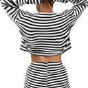 Remidoo Women's Split Short Pajama Set Striped Long Sleeve T Shirt and Shorts Pajamas Loungewear Black X-Large