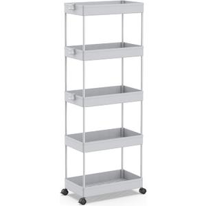 SPACEKEEPER 5-Tier Rolling Cart, Bathroom Storage Organizer Utility Cart, Mobile Shelving Unit Slide Out Shelves for Kitchen Living Room Laundry Room & Dressers,Gray