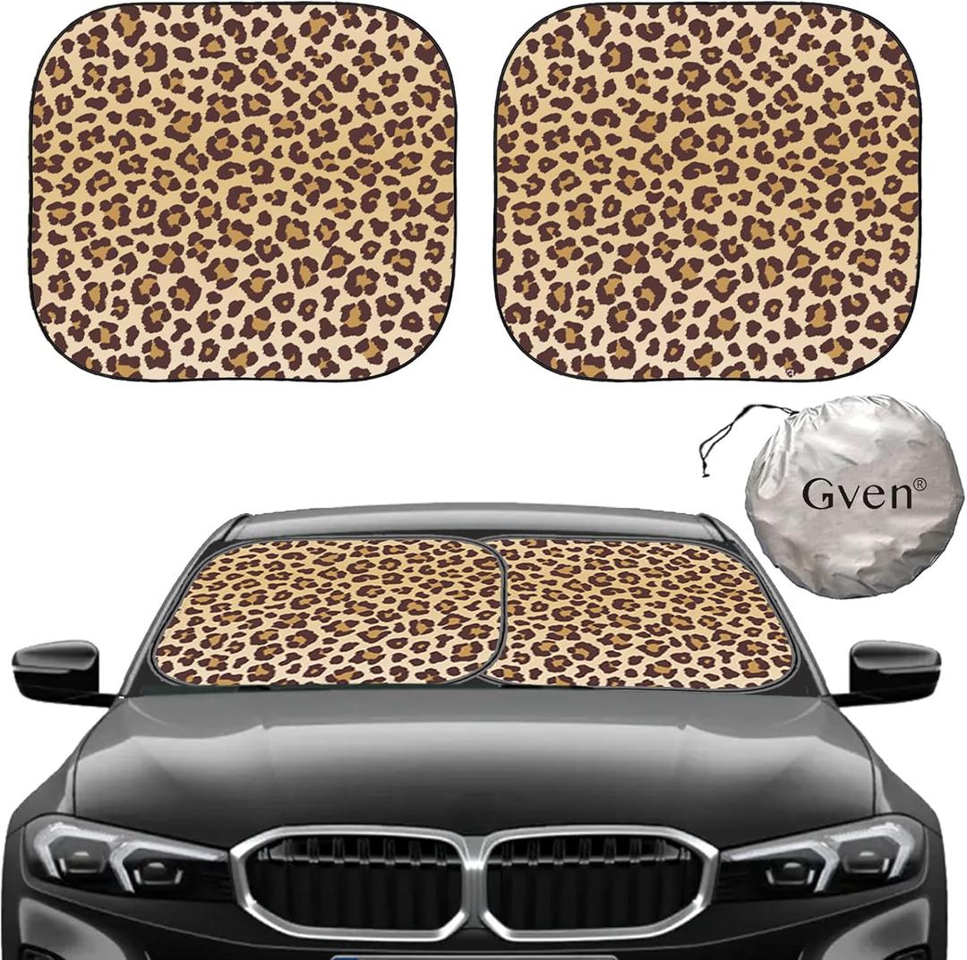 Gven Windshield Sun Shade 2pcs with Bonus Car Sunshade for Front Window Shades 2025 Technology Reflect UV and Heat Sun Visor Automotive Interior Sun Protection (Leopard, M)