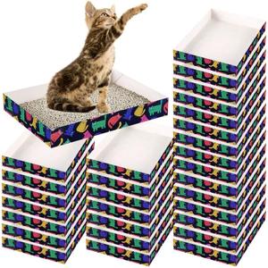 30 Pack Disposable Cat Litter Box, Foldable Paper Travel Litter Box, Non Clumping Durable and Waterproof,Low Entry Easy Disposal,Portable(13.6x9.7x1.9 in)