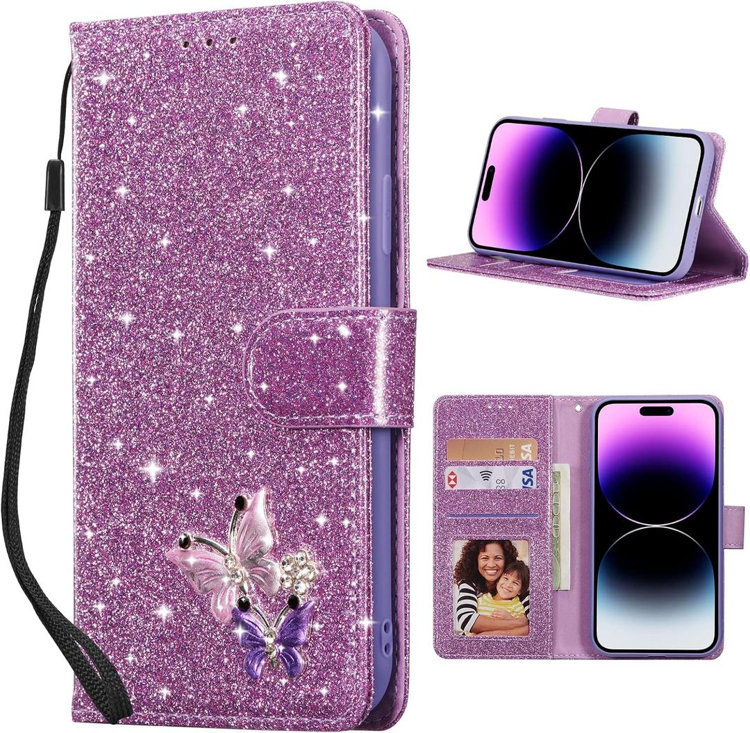 UEEBAI Wallet Case for iPhone 16 Pro, Glitter PU Leather Phone Cover Card Slots Kickstand Wallet Magnetic Closure Bling Flip Case Shockproof Hand Strap Flip Cover - Glitter Purple