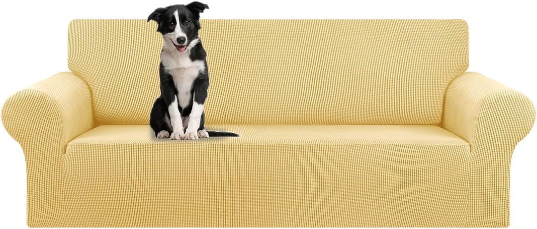 KEKUOU Stretch Oversized Sofa Slipcover 1 Piece Couch Sofa Cover (94"-110") Furniture Protector 4 Seater Sofa with Elastic Bottom for Kids,Pet.Jacquard Checked Pattern Fabric(X Large,Champagne)