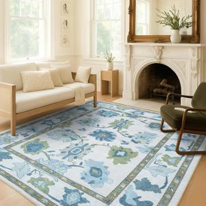 Green Oushak Rug, Modern, Vintage, Turkish, Eclectic, Floral, Pastel, Washable, Extra Large Area Rugs for Living Room, Dining, Bedroom, Lounge, 9'x12'
