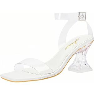 Clear Heels for Women Chunky Heel Sexy Open Square Toe Clear Ankle Strap Block Low Heeled Sandals, Size 7