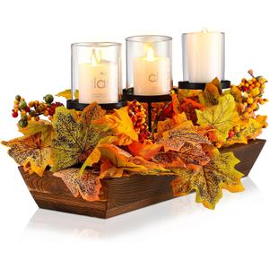 Fall Table Centerpiece Fall Thanksgiving Candle Holder with 3 Candle Holders and 3 Glass Cups, Artificial Maple Leaf Harvest Table Centerpiece with Pumpkins Berries