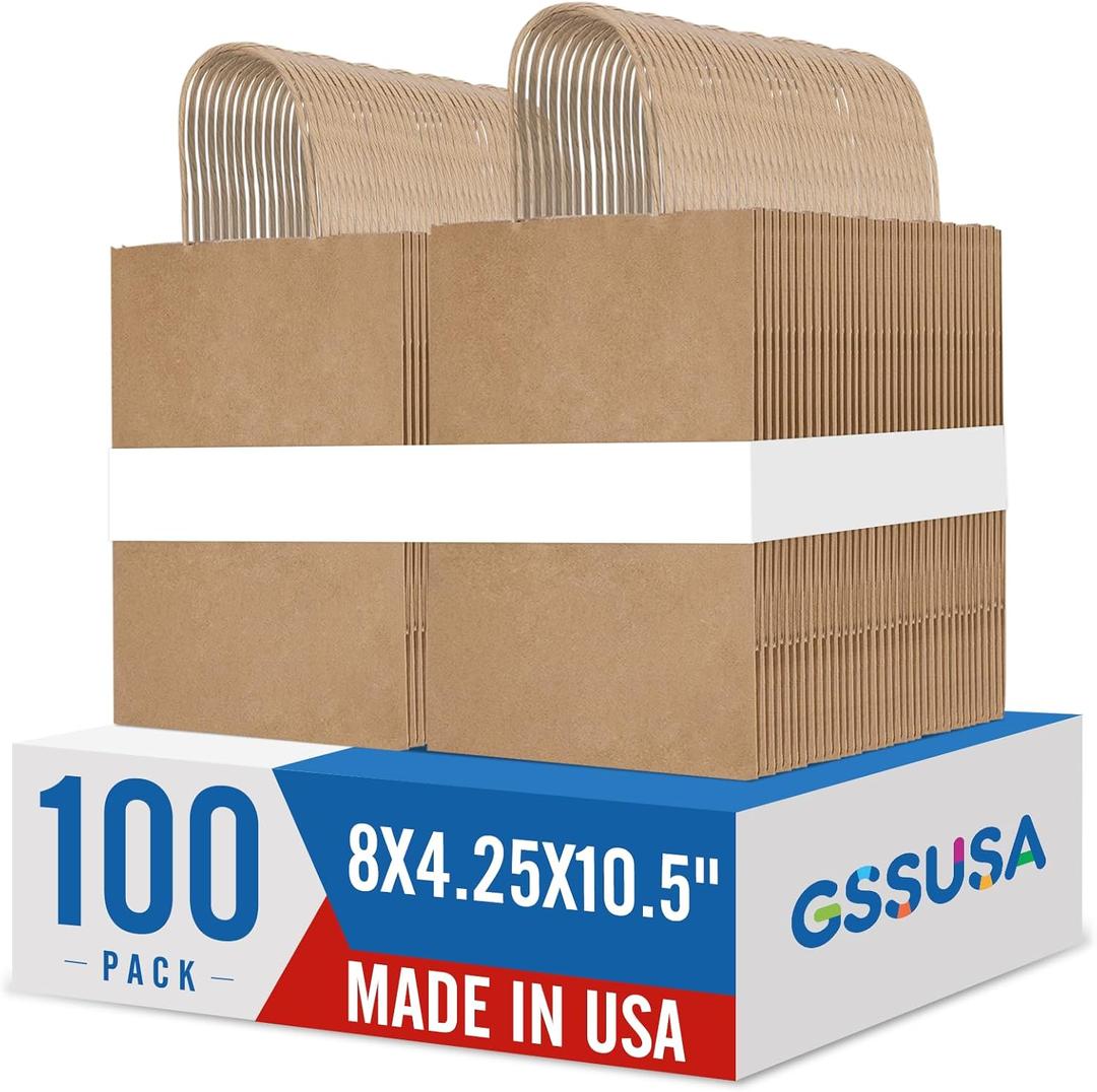 GSSUSA 100 Pack Brown Paper Bags with Handles, 8 x 4.25 x 10.5 in Medium Kraft Gift Bags Bulk for Small Business, Retail Shopping, Party Favor & Merchandise, Sturdy, Made in USA