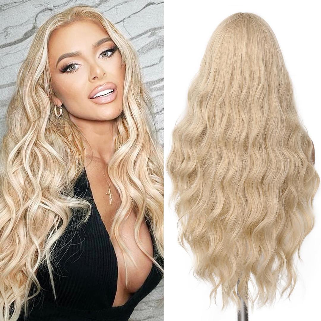 FAVE Long Blonde Wig Wavy Synthetic Wig Platinum Blonde Wig Middle Part Natural Blonde Wig Wigs for White Women(28 Inches)