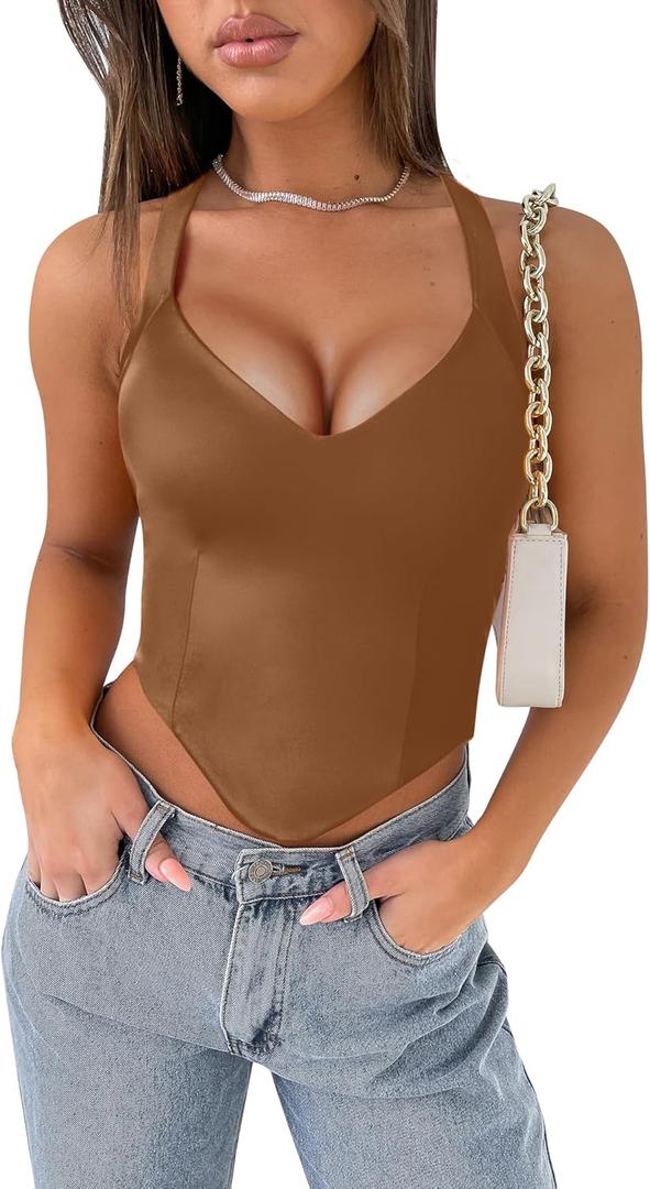 Women's Sexy Halter V Neck Crop Tank Top Sleeveless Backless Trendy Tops Double Lined Going Out Top XS-XXL (Large, Brown)