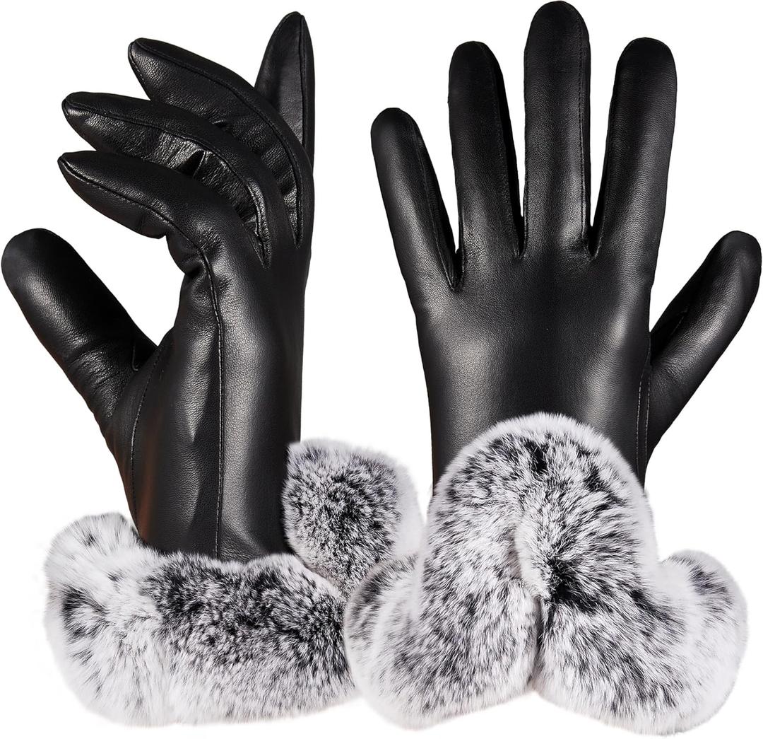 VIKIDEER Elegant Super Warm Fur Lined Gloves Women Leather Gloves Rabbit Fur Lining and Cuffs Touchscreen Driving (Medium, Black)