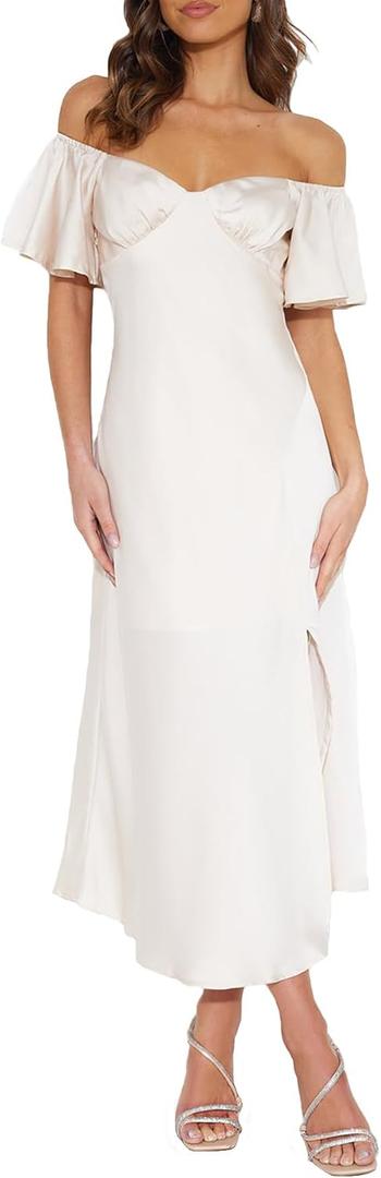 2025 Summer Women's Satin Off Shoulder Formal Dress Wedding Guest Elegant Butterfly Sleeve Split Cocktail Prom Midi Dresses (White, L)