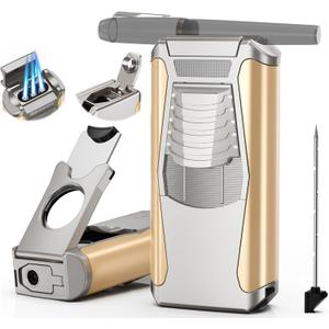 5-in-1 Triple Jet Torch Lighter with Straight Tool, Punch, Holder, Draw Enhancer, and Adjustable Flame, Gift Accessories for Men, Windproof Butane Lighter for Travel (Butane Not Included)