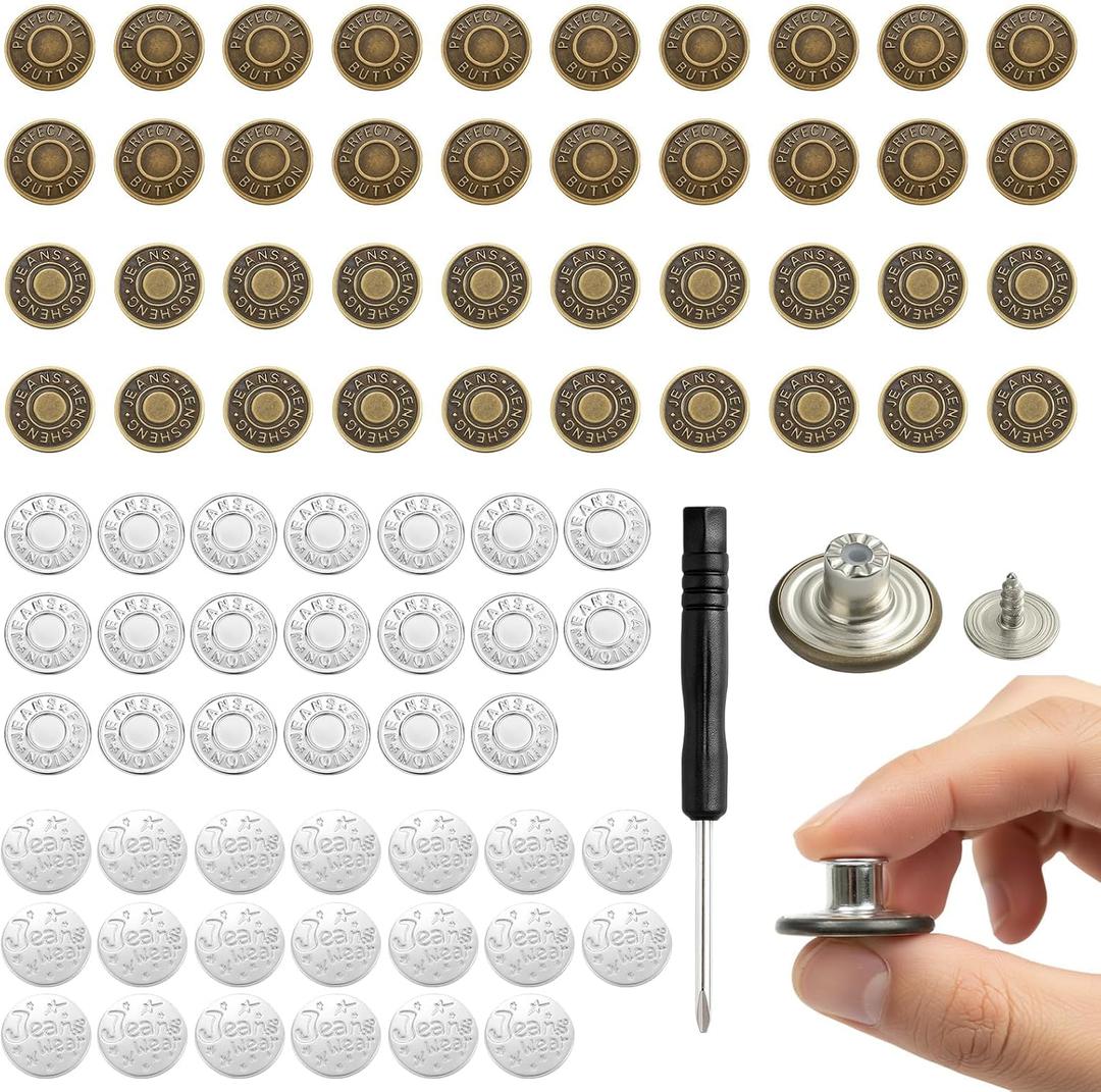 81-Piece 0.67inch Jean Button Replacement, Jean Waist Tightener, Button Screwdriver Set with Silver and Bronze Buttons, Easy Pants Button Replacement Kit