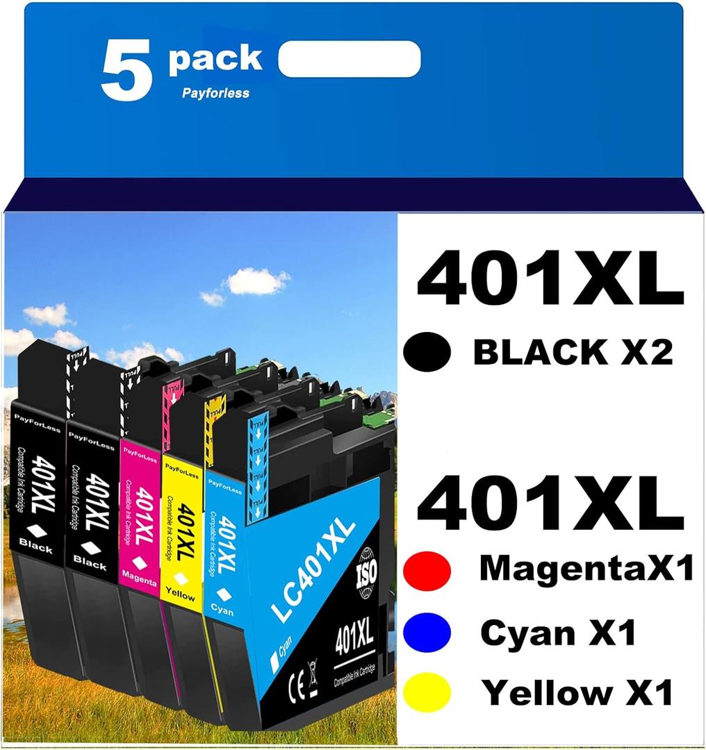 PayForLess LC401XL Ink Cartridges for Brother Printer Compatible for LC401 Ink Cartridges for MFC-J1010DW MFC-J1012DW MFC-J1170DW Printer 5 Pack (2 Black, 1 Cyan, 1 Magenta, 1 Yellow)