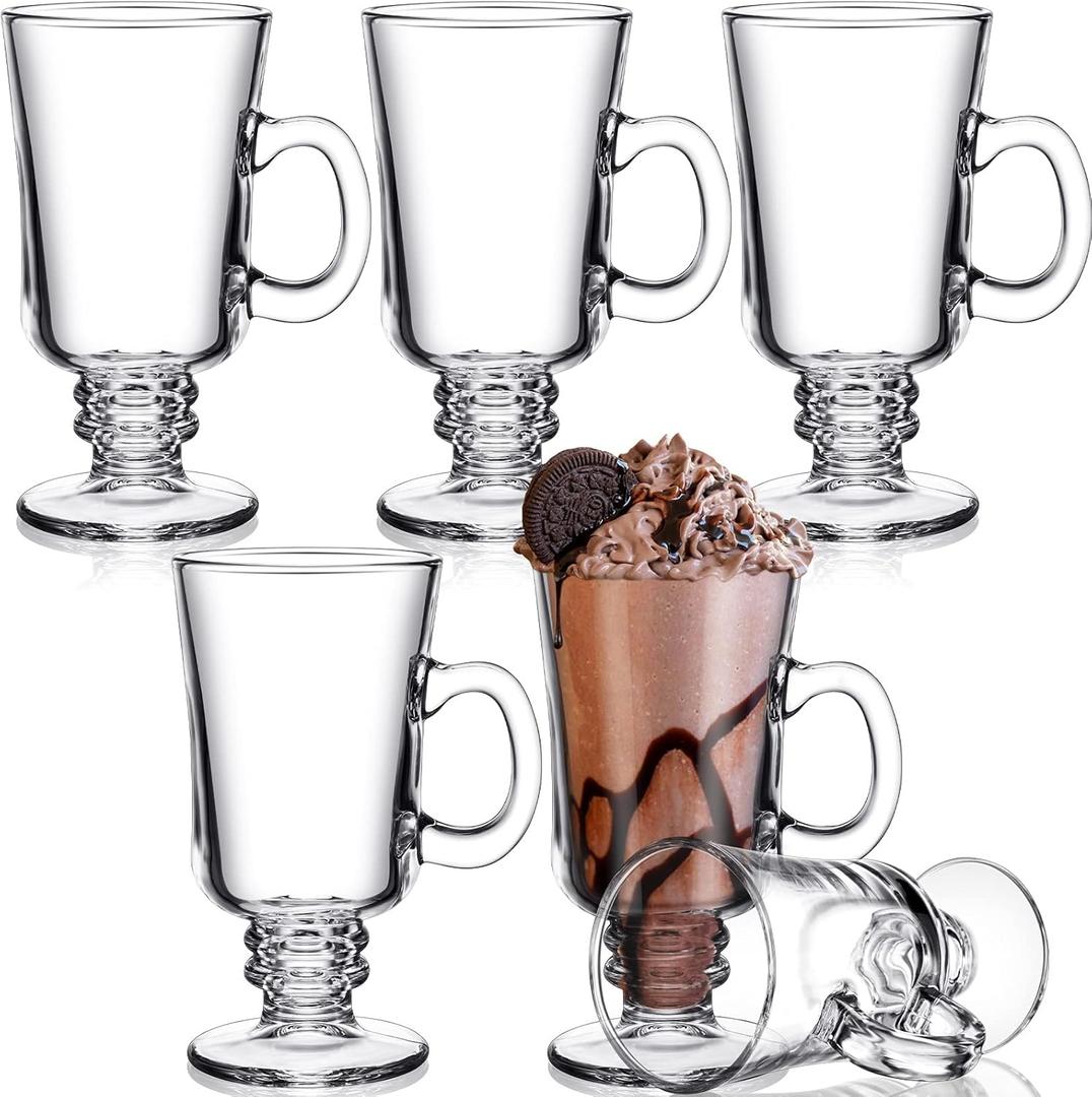 Patelai 6 Pieces 8 Ounce Irish Coffee Mugs Clear Glass Cup with Handle High Base Glass Latte Cup Footed Irish Coffee Clear Mugs for Hot Beverages and Cold Beverages