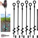 MIXXIDEA18 Inch Ground Anchors Screw in Folding Ring Spiral Metal Ground Stakes Dog Tie Out Stake Spiraling Anchor Trampoline Anchors for Tent (black-6pk)