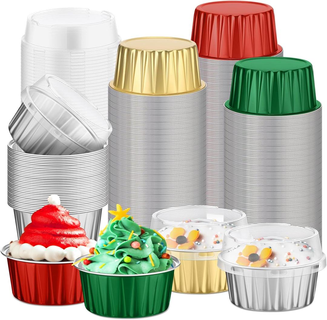 Spring Baking Cups with Lids 5 oz Mini Pink Aluminum Foil Cupcake Red Baking Cups for Spring Party Round Dessert Pans Molds Containers(100 Pcs,Red, Green, Gold, Silver)