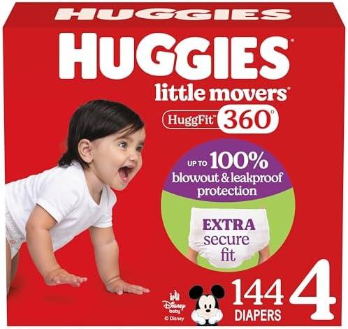 Huggies Size 4 Baby Diapers, Little Movers HuggFit 360° Baby Diapers with 360° Waistband, Size 4 (22-37 lbs), 144 Count (4 Packs of 36), Packaging May Vary