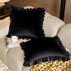 KKJIAF Black Velvet Throw Pillow Covers 20 x 20 Inch Set of 2, Ruffle Euro Pillow Shams Velvet Square Pillow Case for Sofa Bedroom Couch Decorative