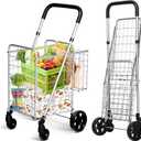 IRONMAX Grocery Shopping Cart, Foldable Heavy Duty Utility Cart w/Adjustable Handle, Extra Basket & 360 Rolling Swivel Wheels, Lightweight Trolley Cart for Grocery Laundry Luggage (Sliver)