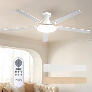 Passky 60 Inch White Low Profile Ceiling Fans with Lights and Remote