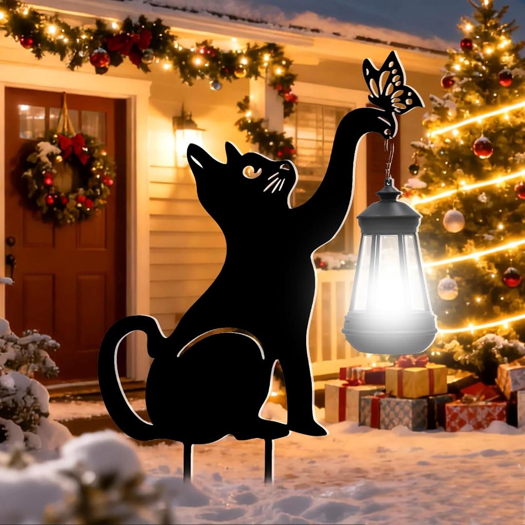 Black Cat Christmas Yard Decorations Outdoor - Solar Lights Outdoor Garden Decor Stake with Butterfly Decorative Metal Housewarming Ornament for Pathway Lawn Patio  Unique Gift for Woman Mom Grandma