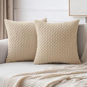 MIULEE Pack of 2 Decorative Throw Pillow Covers 16x16 Inch Soft Boho Striped Textured Corduroy Pillow Covers Modern Farmhouse Home Decor for Couch Bed Sofa Living Room Beige