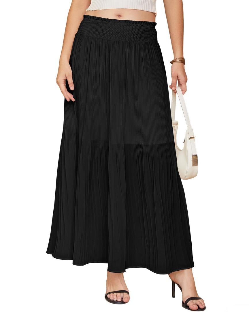 Bsubseach Chiffon Pleated Maxi Skirt for Women Elastic High Waist Flowy A line Casual Skirt 2026 Summer Skirts Black (Black, M)