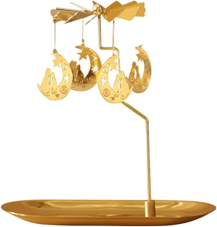 Creahaus Spinning Candle Holder with Tray, Glod Carousel Candle Spinner, Rotating Metal Tea Light Candle Holder for Table Centerpiece, Christmas, Valentine's Day, Party Decor, Gift (Gold Moon Cat)