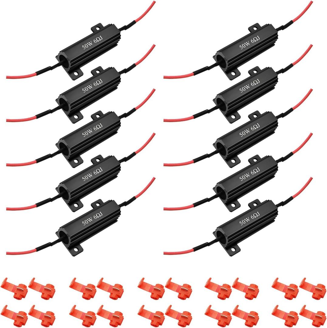 AUXLIGHT 10Pcs Quality 50W 6ohm Load Resistors - Fix LED Turn Signal Blinker/Error Code (Resistors get very hot during working) - Black