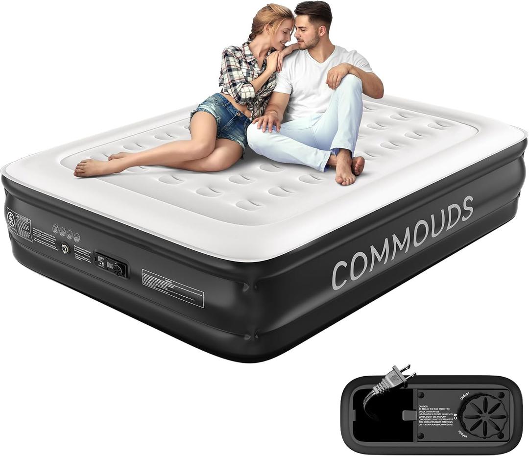 Air Mattress with Built-in Pump, 18" Raised Inflatable Mattress, Comfort Blow up Mattress with Waterproof Flocked Top, Portable Airbed for Guest Camping Home & Travel Use, Honeycomb (Gray, Queen)