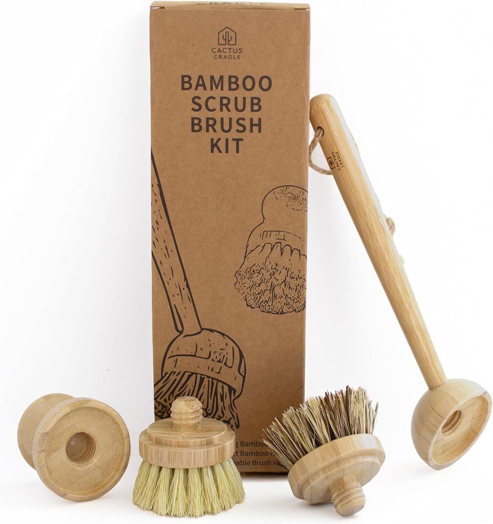 Cactus Cradle Bamboo Scrub Brush Kit 4-Piece Dish Brush Set with 2 Handles & 2 Interchangeable Heads | Plastic-Free, Non-Toxic, Non-Scratch Cleaning for Dishes, Pots, Pans & Produce