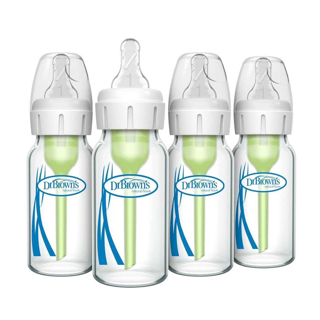 Dr. Brown's Anti-Colic Options+ Narrow Glass Baby Bottle with Level 1 Slow Flow Nipple, BPA-Free, 4 oz/120mL, Pack of 4