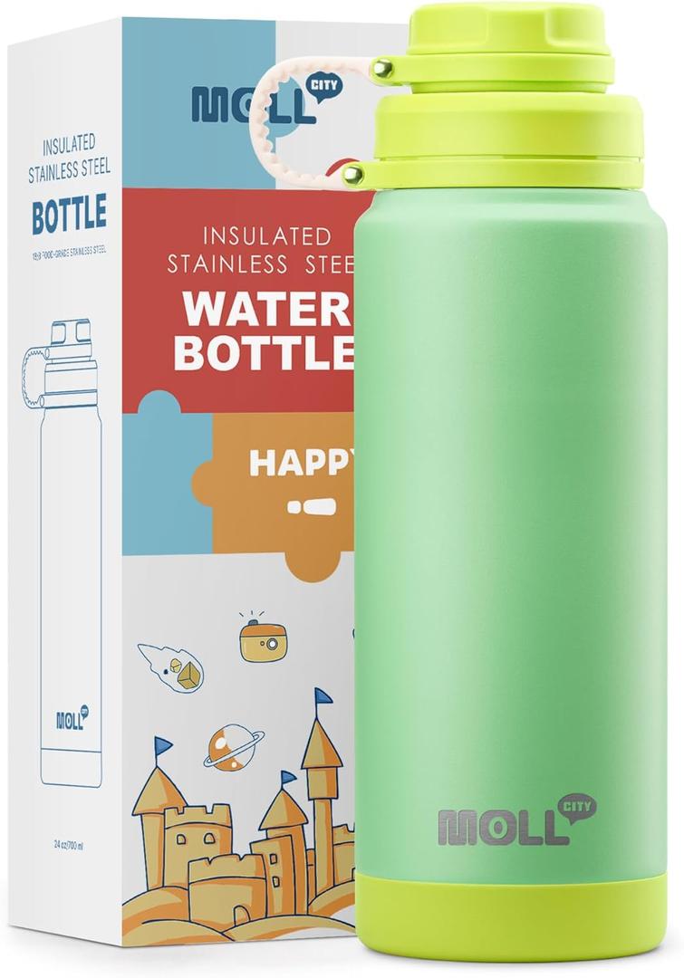 Insulated Water Bottle 24 oz-Stainless Steel Vacuum Wide Mouth Sports Water Bottle for School-Reusable Metal Leak Proof Water Flask for Girls Boys (Opal Green)