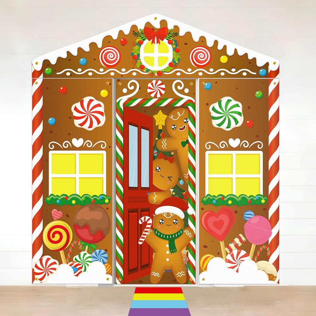 5Pcs Christmas Gingerbread Door Cover Decorations - Porch Banner Front Backdrop Rainbow Rug for Xmas House Classroom Office Outdoor Holiday Party Decor