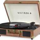 Victrola Journey Bluetooth Portable Suitcase Record Player with Built-in Speakers, 3 Speed Vinyl Record Player, RCA Out, Headphone Jack (Brown)