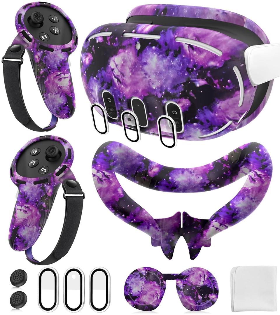 Silicone Cover Set Compatible with Meta/Oculus Quest 3 Accessories, Controller Grips, VR Shell Cover, Facial Interface Cover, Protective Lens Cover, Tempered Glass Lens Caps, Not Fit Quest 3S (Aurora Purple)