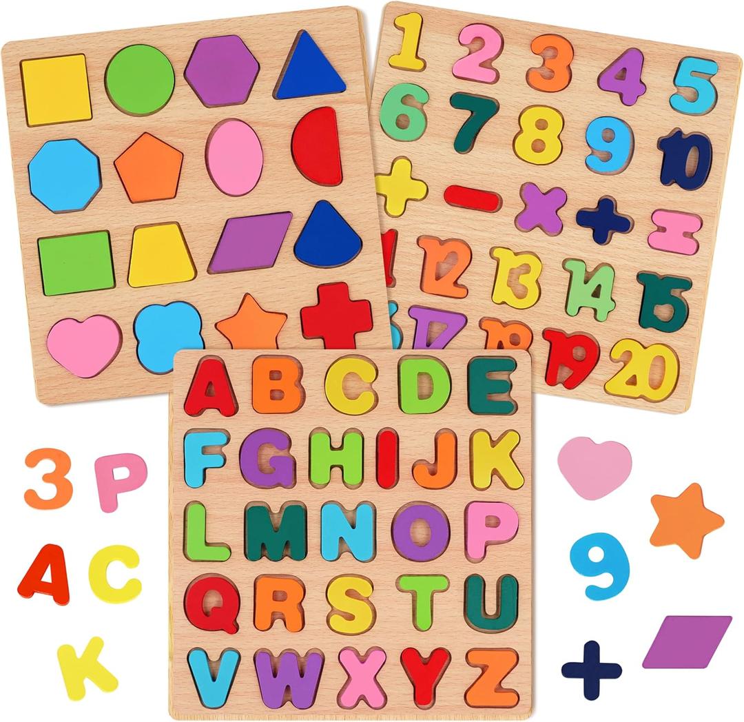 Attmu Wooden Puzzles for Toddlers, 3 Pcs Alphabet Puzzle ABC Shape Number Puzzle, Learning Toys for Kids, Preschool Educational Activities Toddler Gift Toys for Girls Boys Christmas Valentines Easter (Multi)