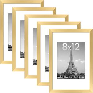 upsimples 8x12 Picture Frame Set of 5, Display Pictures 6x8 with Mat or 8 x 12 Without, Wall Gallery Photo Frames, Gold