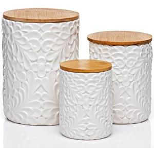 Engraved Design Kitchen Canisters Set of 2 with 74 Oz, 36 Oz- White Storage Jars for Countertop with Airtight Bamboo Lids - Large Flour Tea Coffee Sugar Spices Container - Decorative