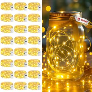 24 Pack Fairy Lights Battery Operated with Timer, 3 Modes 7ft Mini String Lights, 20 LED Silver Wire Bulk Twinkle Light for Mason Jar Christmas Wedding Party Table Centerpieces, Warm White